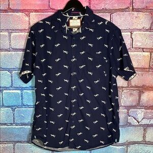 Boys Denim & Flower Button Up Navy Blue Shark Print Shirt Size XL